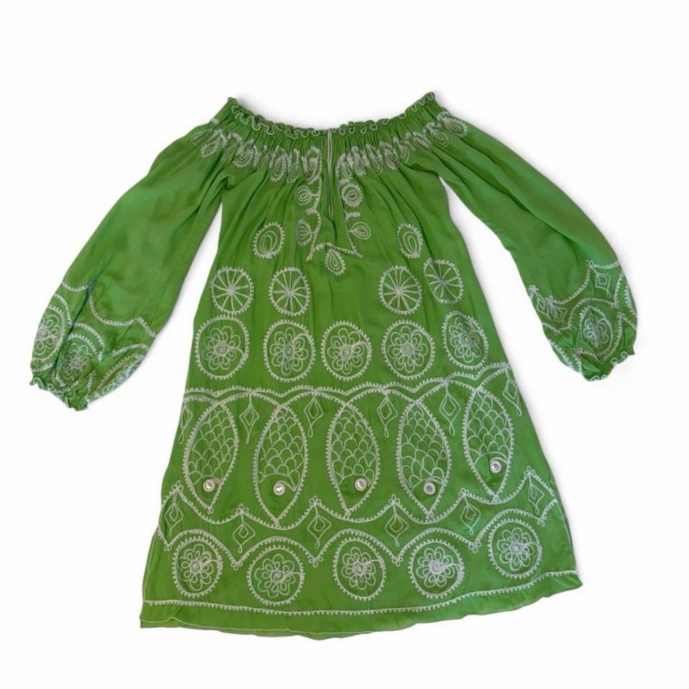 NWT Poupette St Barth Green Embroidered Fish Off Shoulder Dress S